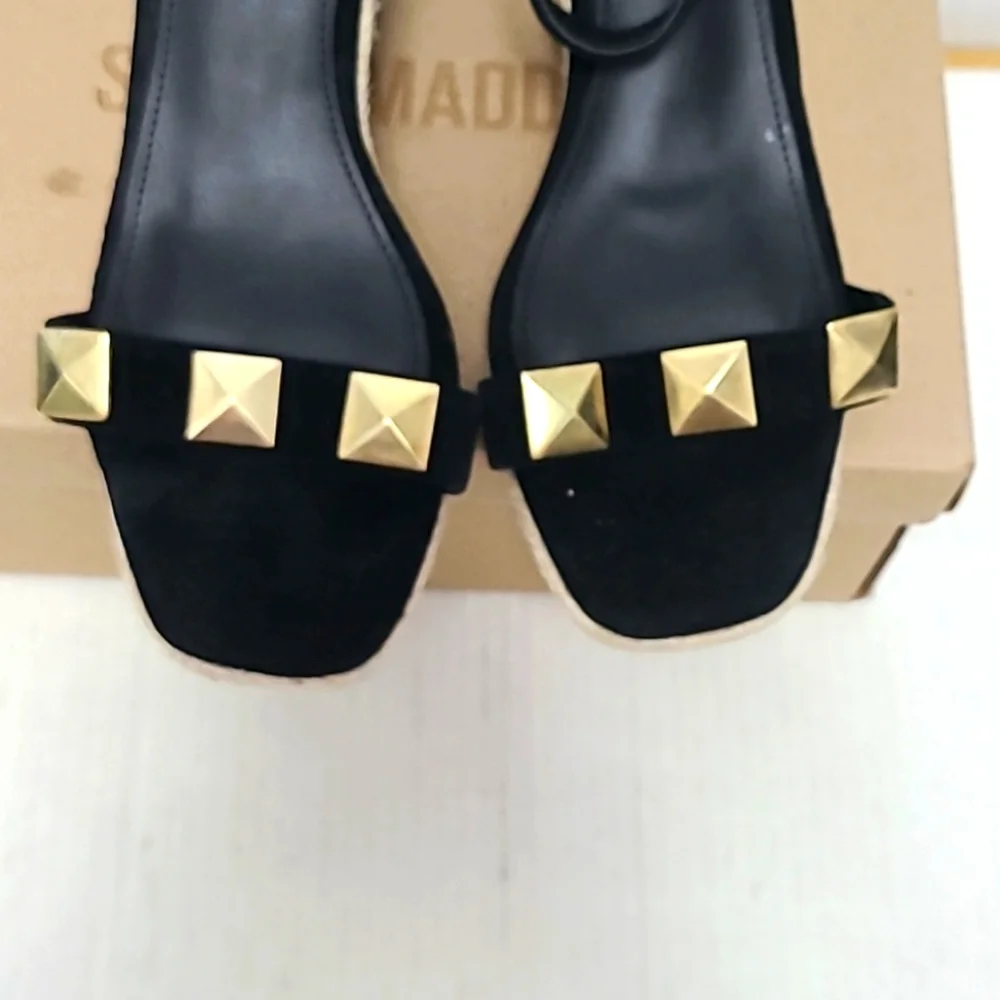 Steve Madden Sunty Studded Suede Wedge Espadrilles Sandals Black Size 9.…